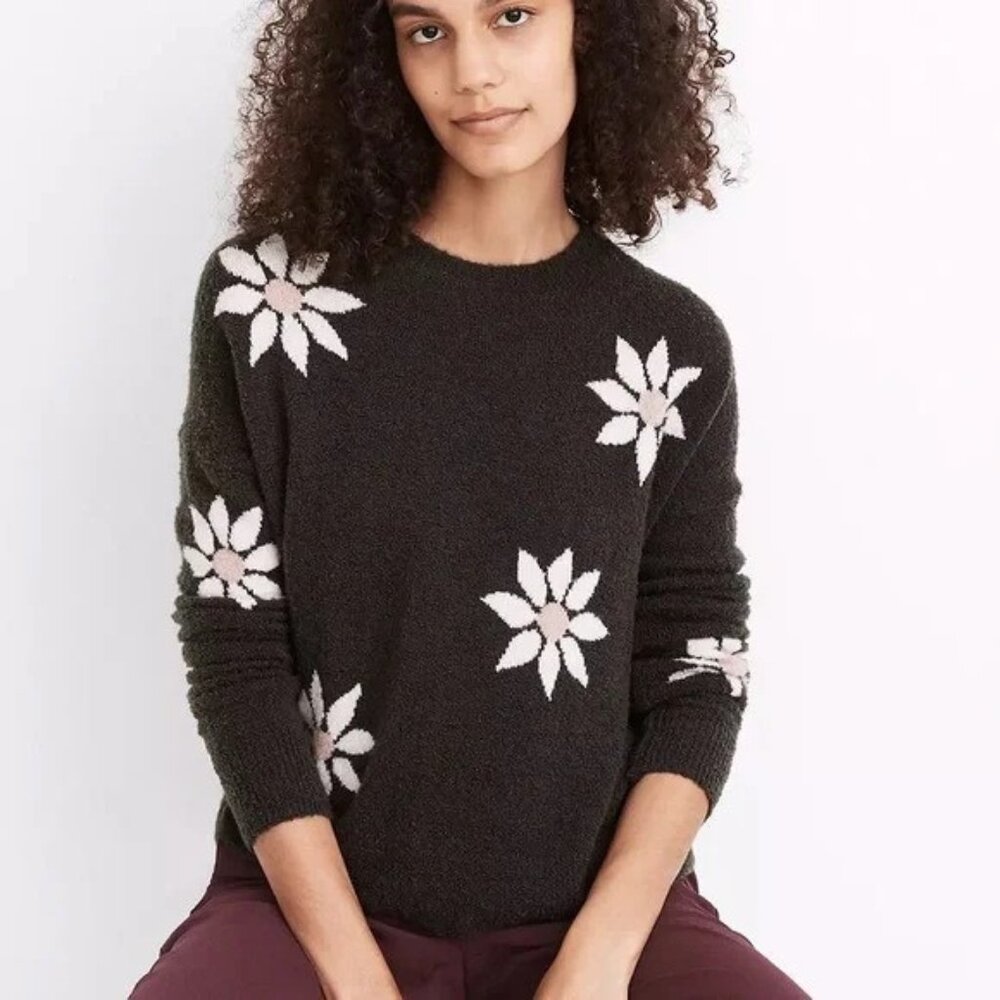 Madewell Floral Intarsia Fuzzy Olive Sweater xs
